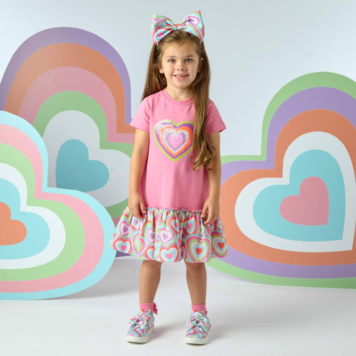 Girls Pink Sequin Heart Dress, 1, hi-res