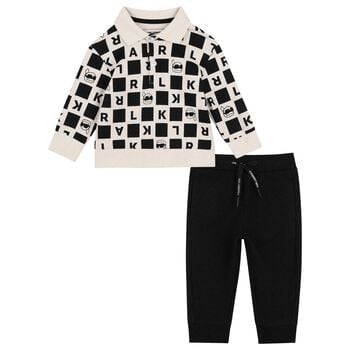 Younger Boys Ivory & Black Ikonik Karl Trousers Set