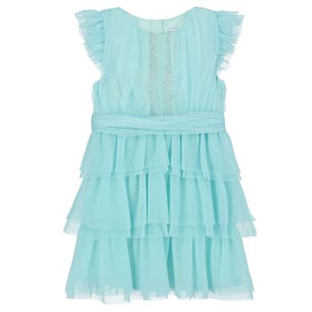 Girls Aqua Pleated Tulle Dress
