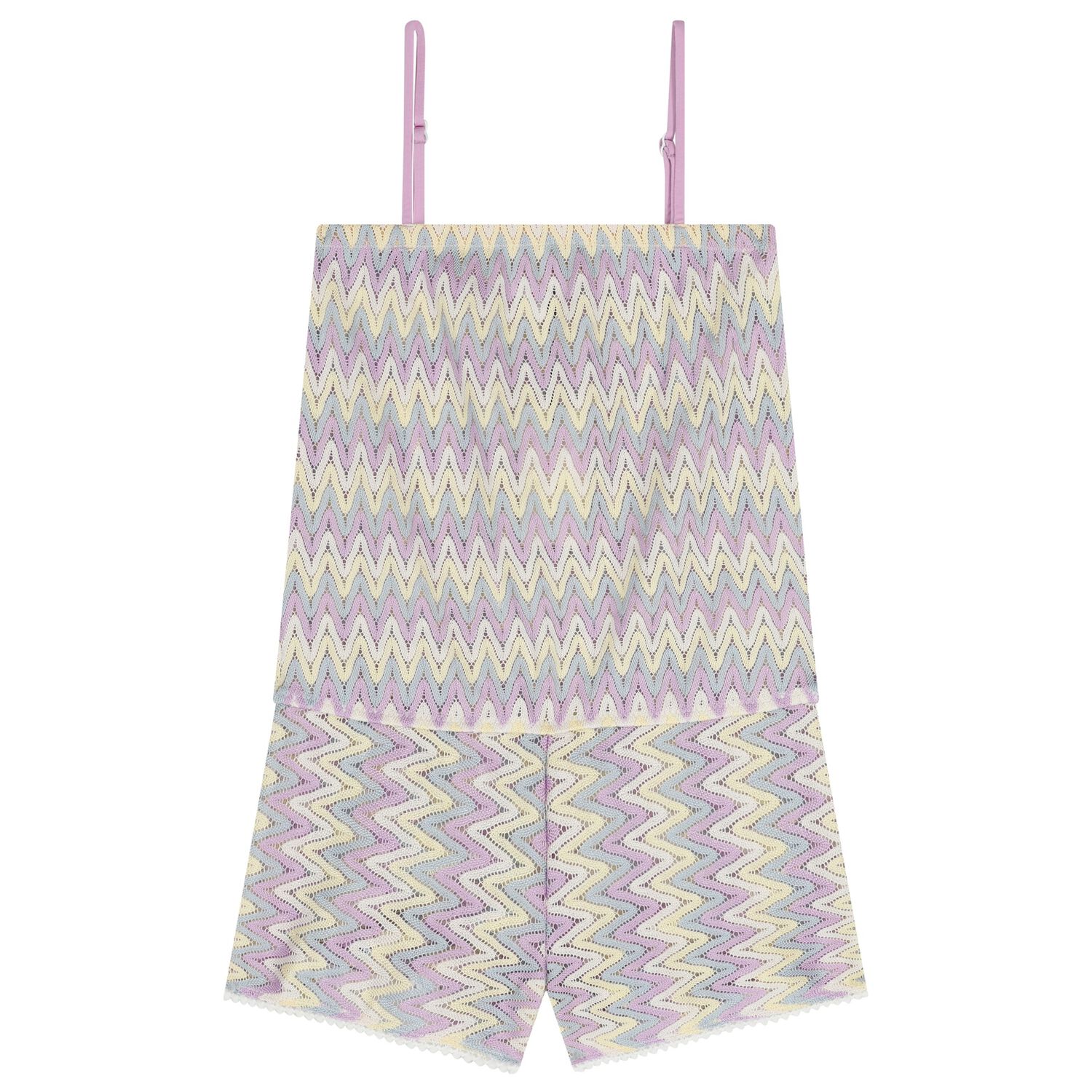 Girls Lilac & Ivory Zig-Zag Crochet Playsuit, 1, hi-res