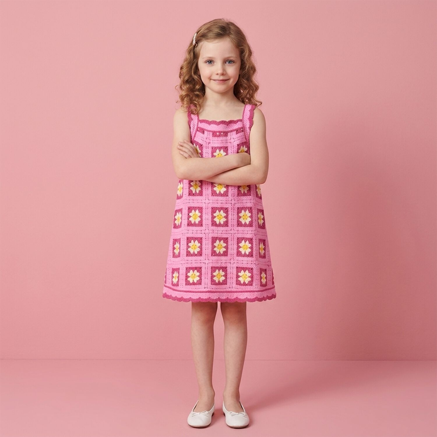 Girls Pink Crochet Dress, 1, hi-res