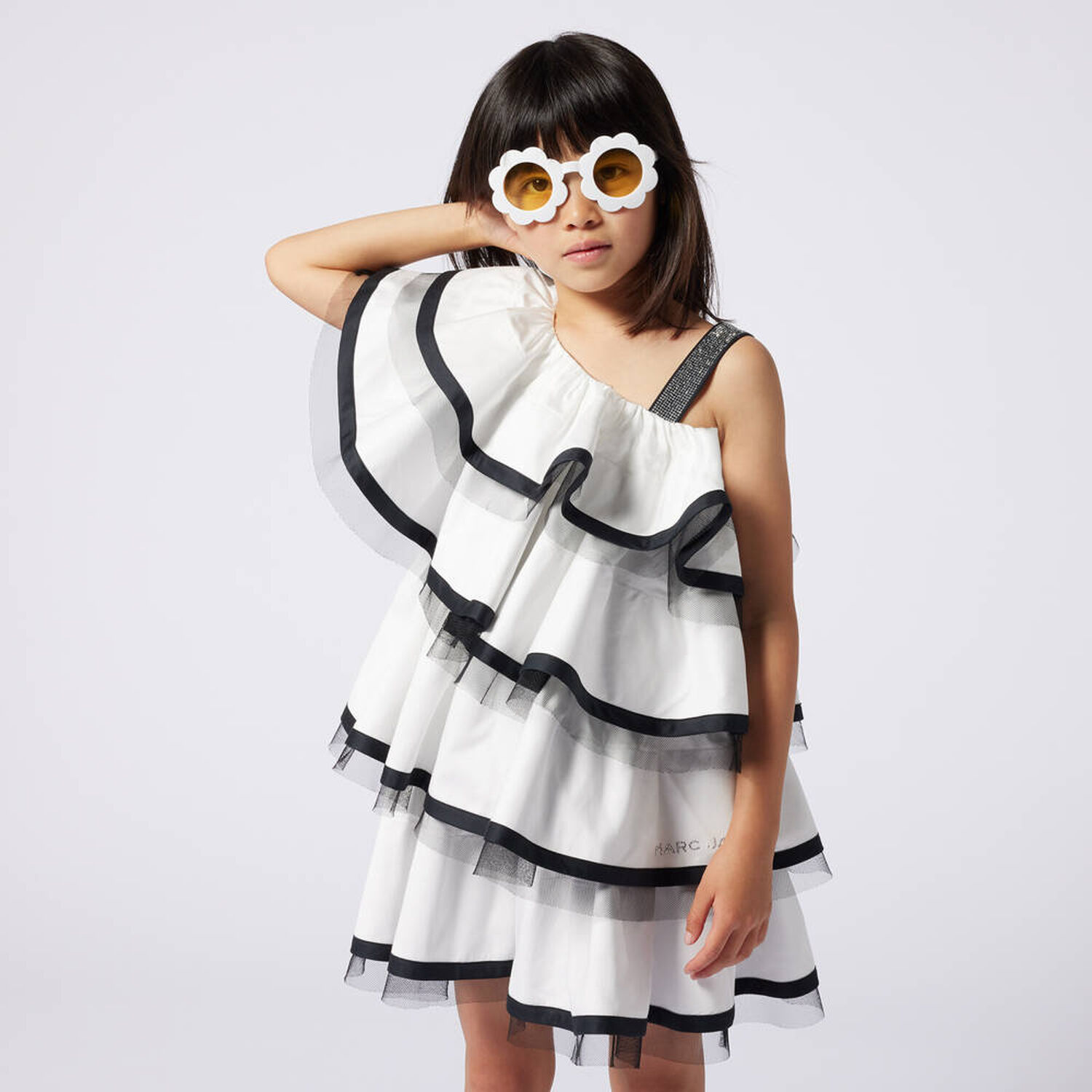 Girls White & Black Ruffled Dress, 1, hi-res