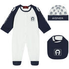 Baby Boys Navy Blue & White Logo Babygrow Set, 1, hi-res