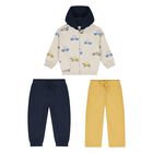 Younger Boys Beige, Yellow & Navy Blue Car Tracksuit Set, 3, hi-res