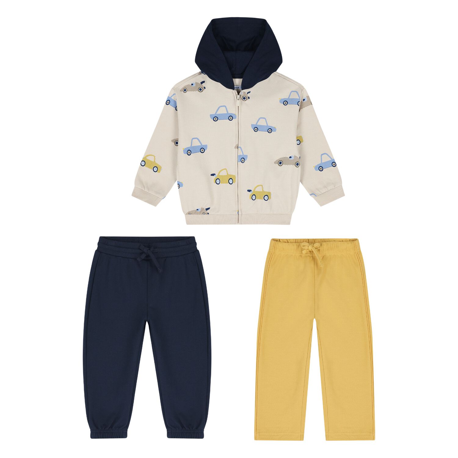 Younger Boys Beige, Yellow & Navy Blue Car Tracksuit Set, 3, hi-res