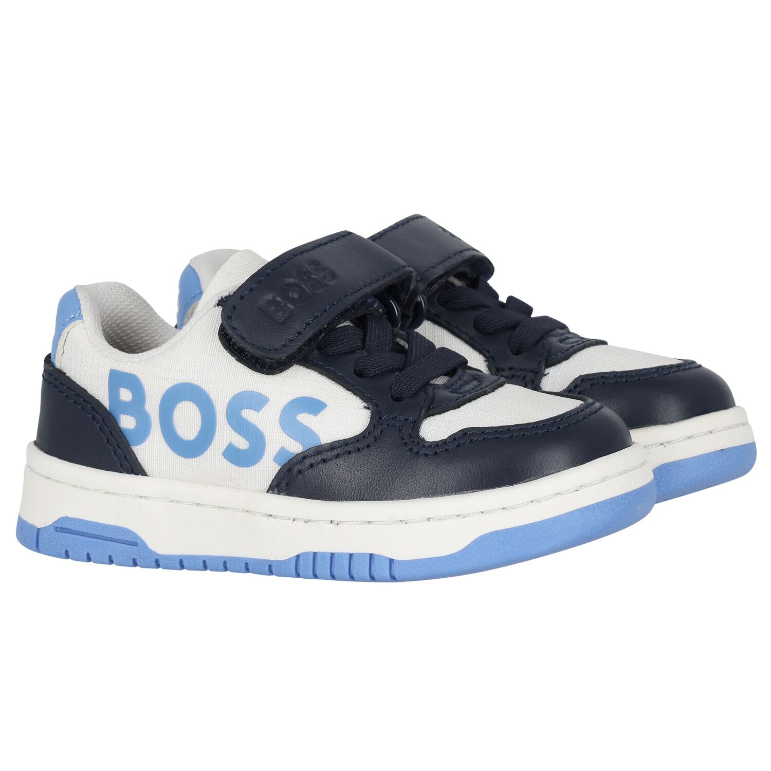 Boys Navy Blue, Blue & White Logo Trainers, 2, hi-res image number null