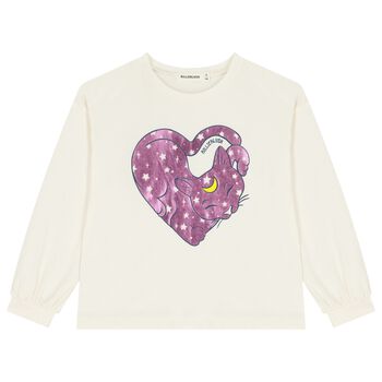 Girls Ivory Cat Long Sleeve Top