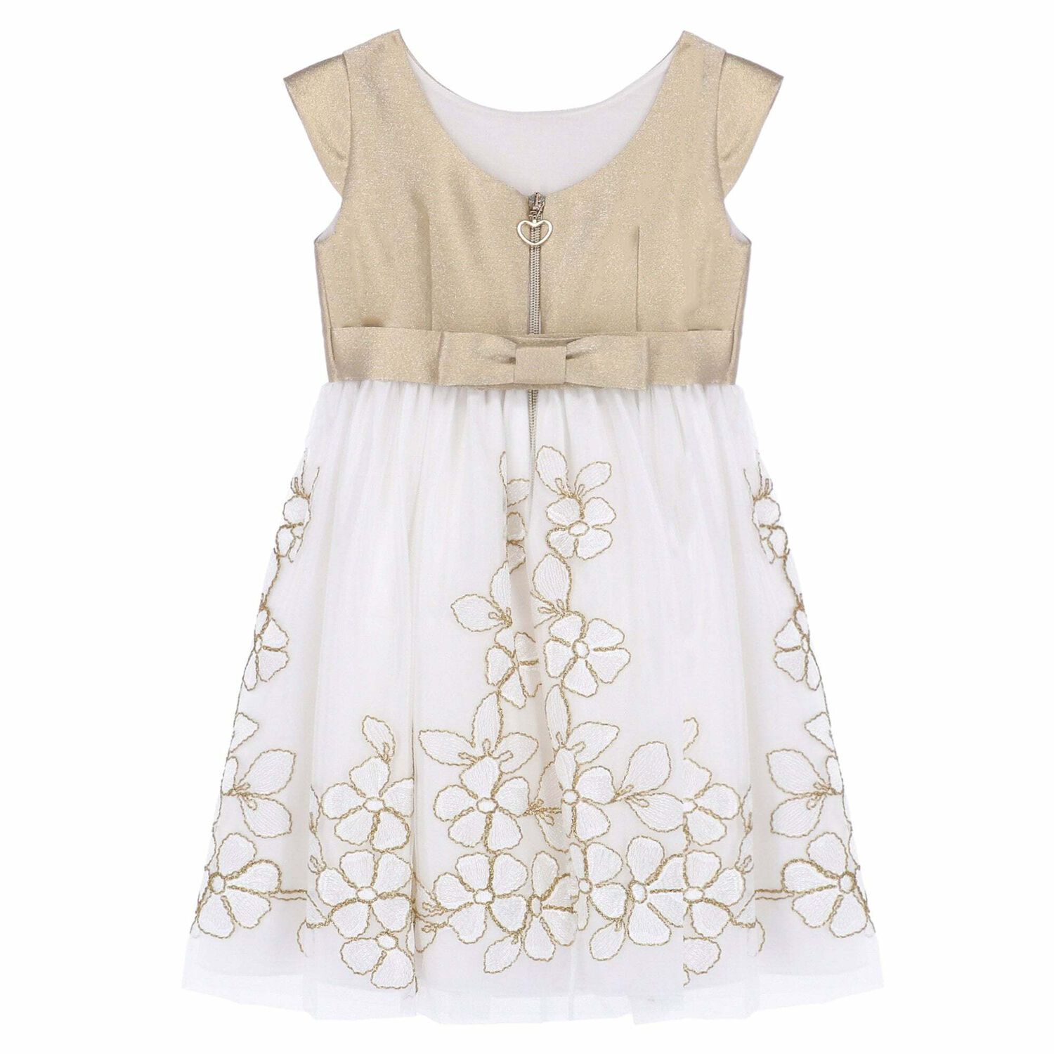 Girls Gold Floral Embroidered Dress, 1, hi-res