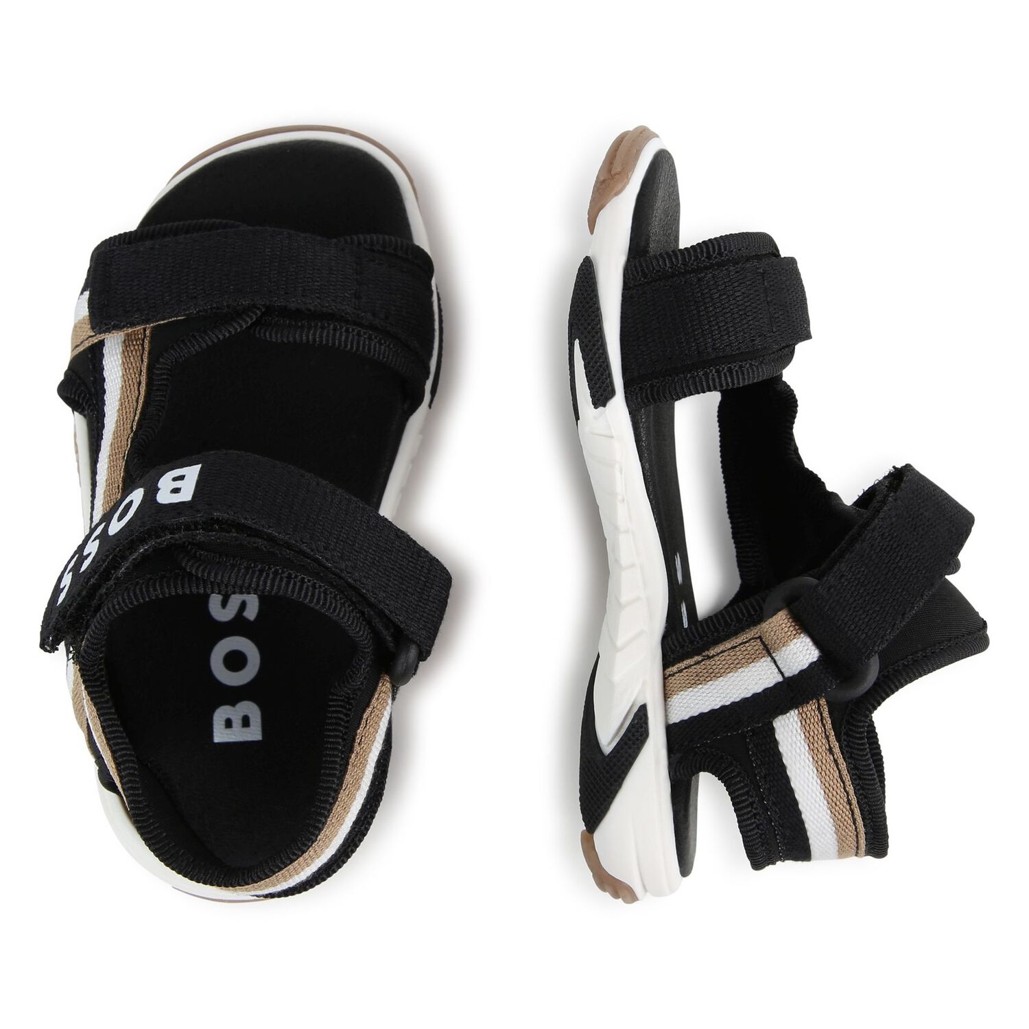 Boys White, Beige & Black Logo Sandals, 1, hi-res