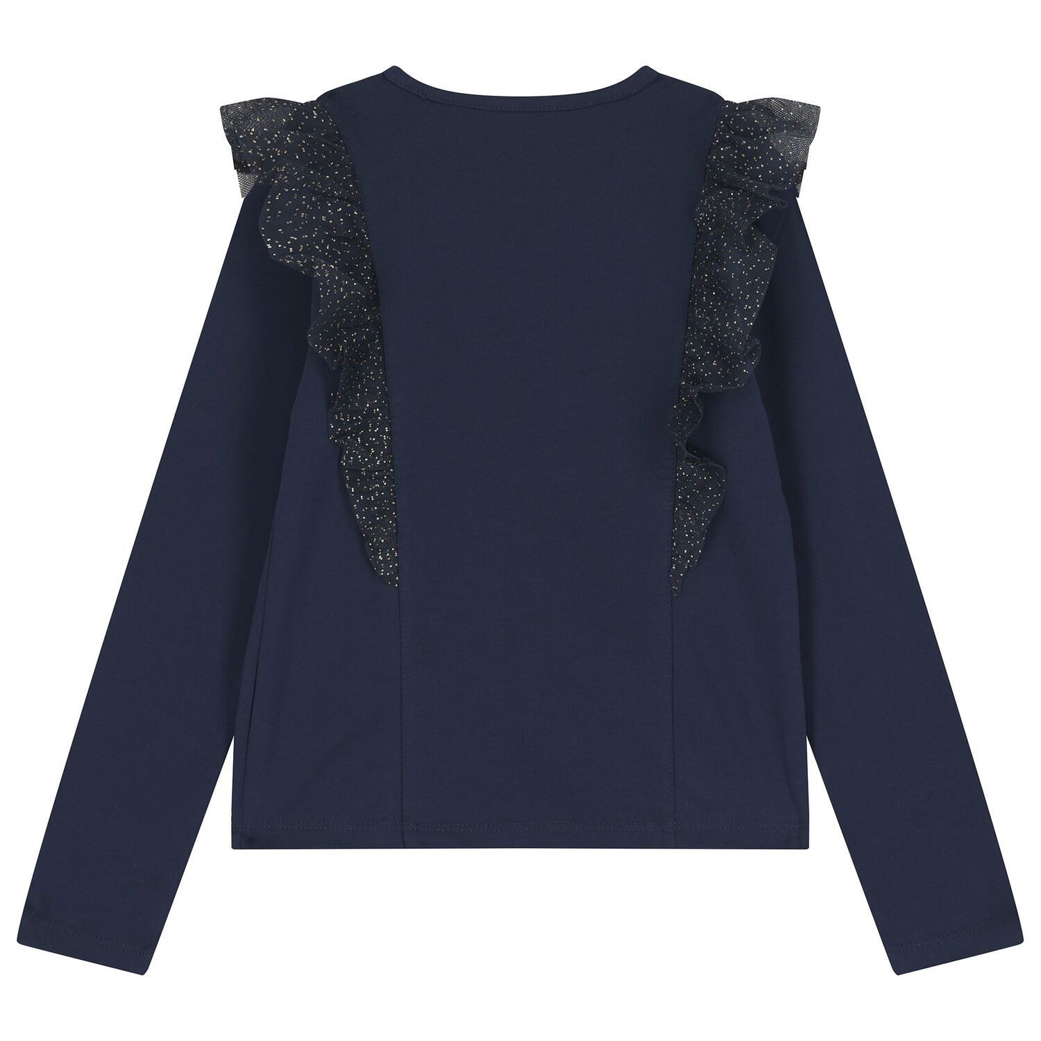 Girls Navy Blue Glittery Tulle Long Sleeve Top, 1, hi-res image number null