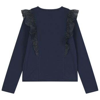 Girls Navy Blue Glittery Tulle Long Sleeve Top