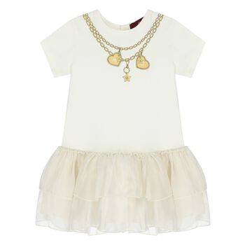 Younger Girls Ivory Necklace Logo Dress