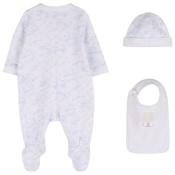 White & Blue Toile de Jouy Babygrow Gift Set