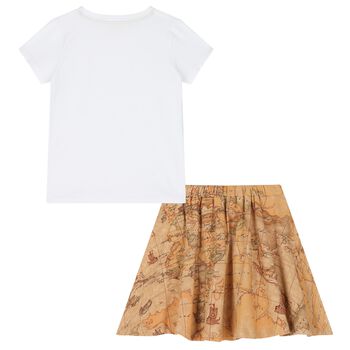 Girls White & Beige Geo Map Skirt Set