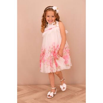 Girls White & Pink Floral Tulle Dress