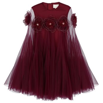 Girls Maroon Flower Cape Tulle Dress