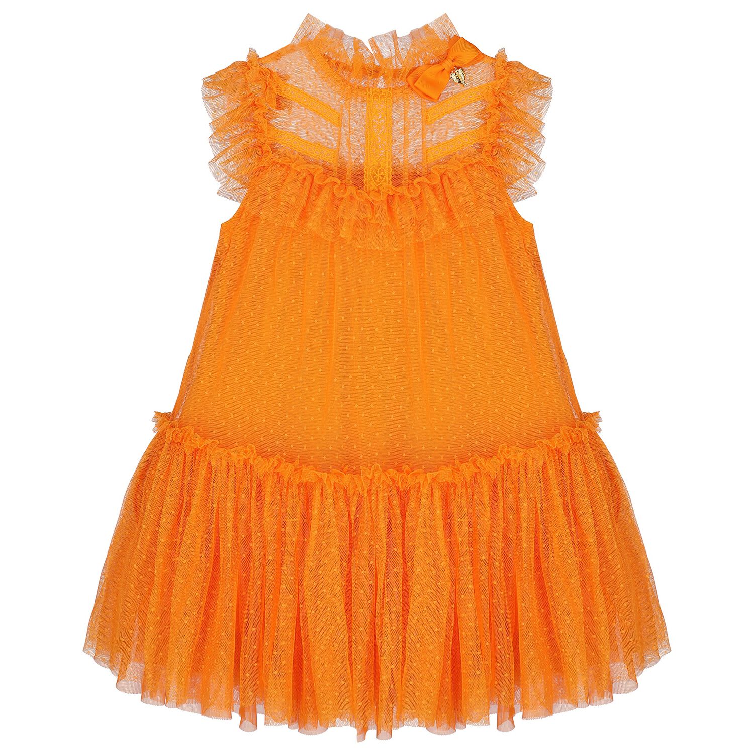 Girls Orange Dotted Tulle Dress, 1, hi-res