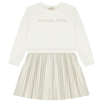 Girls Ivory & Gold Pleated Dress