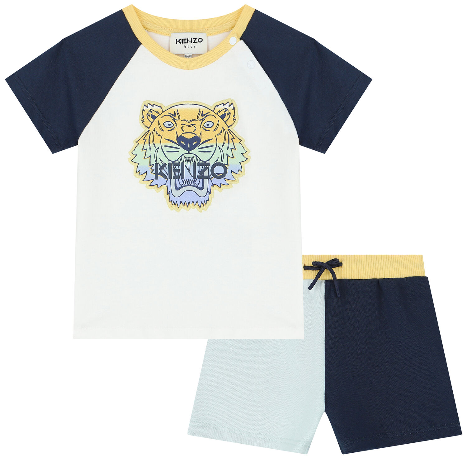 Younger Boys White & Blue Tiger Logo Shorts Set, 1, hi-res