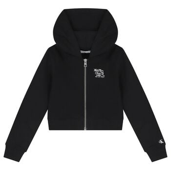 Girls Black Logo Hooded Zip Up Top