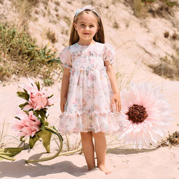 Girls Ivory & Pink Floral Chiffon Dress