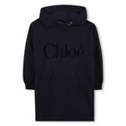 Girls Navy Blue Logo Hooded Dress, 1, hi-res
