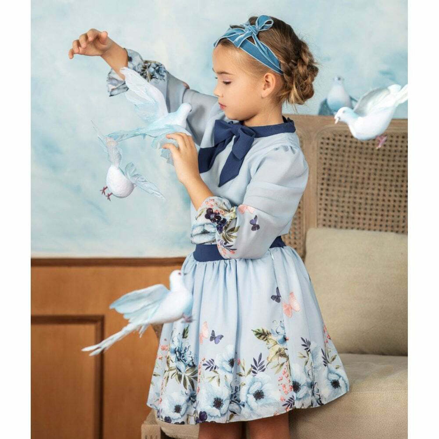 Girls Blue Floral Skirt, 1, hi-res