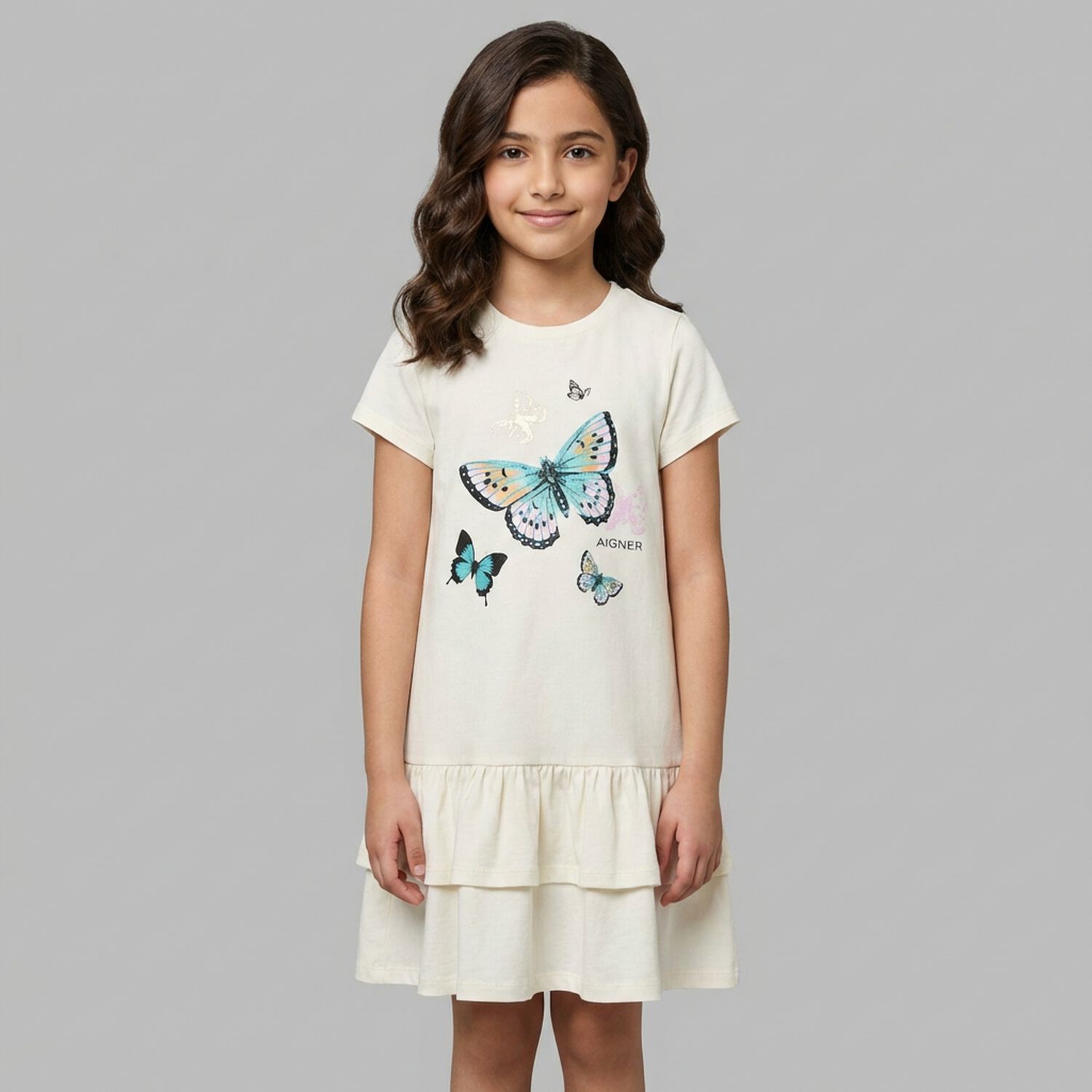 Girls Ivory Butterflies Logo Dress, 1, hi-res