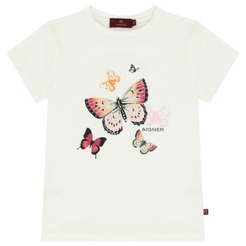 Girls Ivory Butterflies Logo T-Shirt