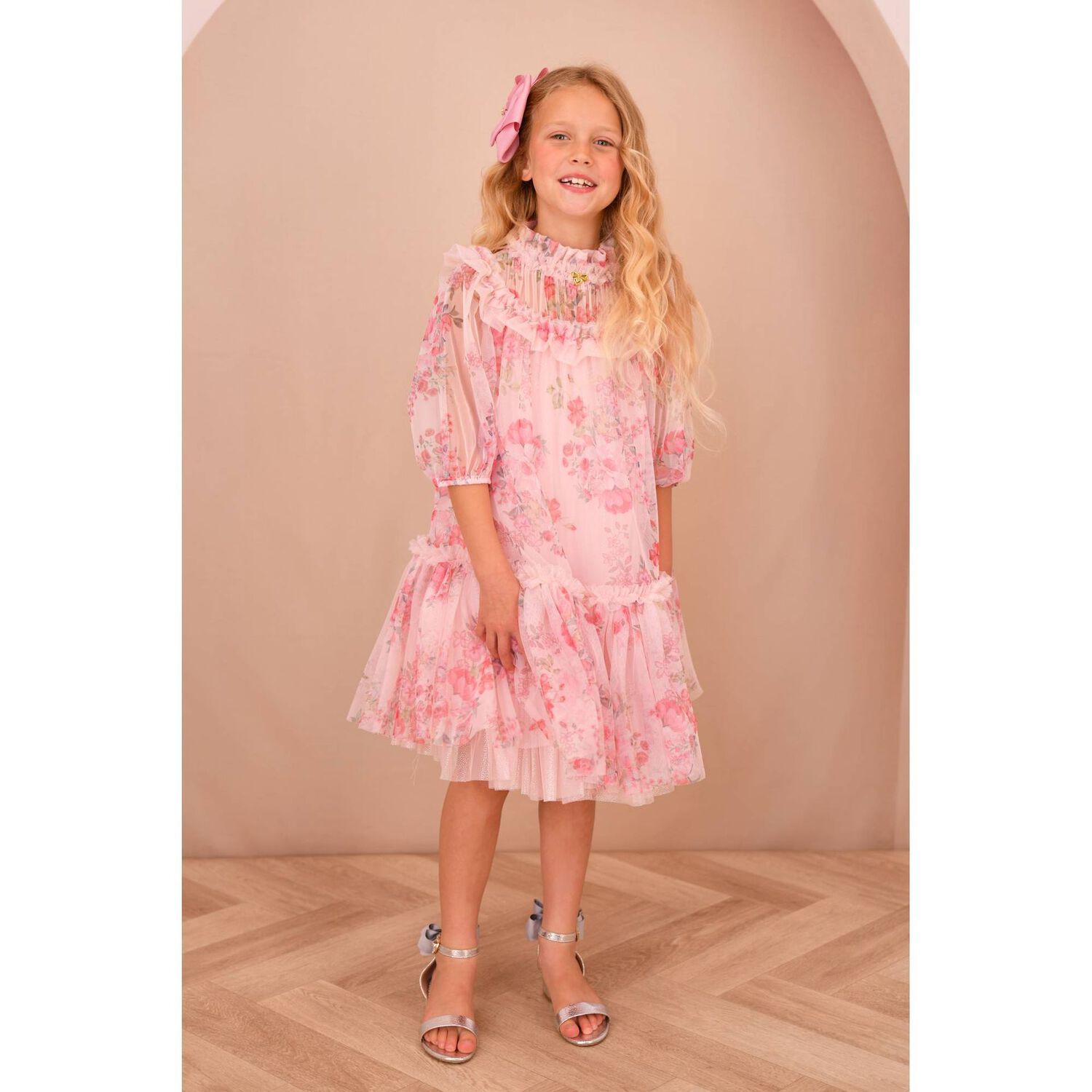 Girls Pink Floral Tulle Dress, 1, hi-res