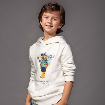 Boys White Logo Polo Bear Hooded Top