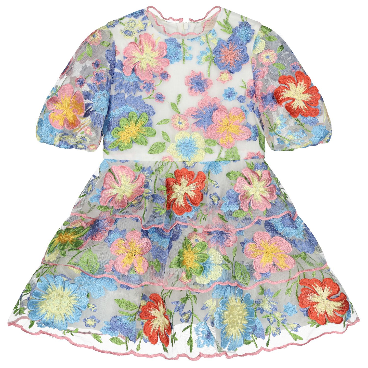 Girls Pink & Blue Embroidered Floral Dress, 1, hi-res
