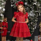 Girls Red Glittery Tulle Dress, 1, hi-res