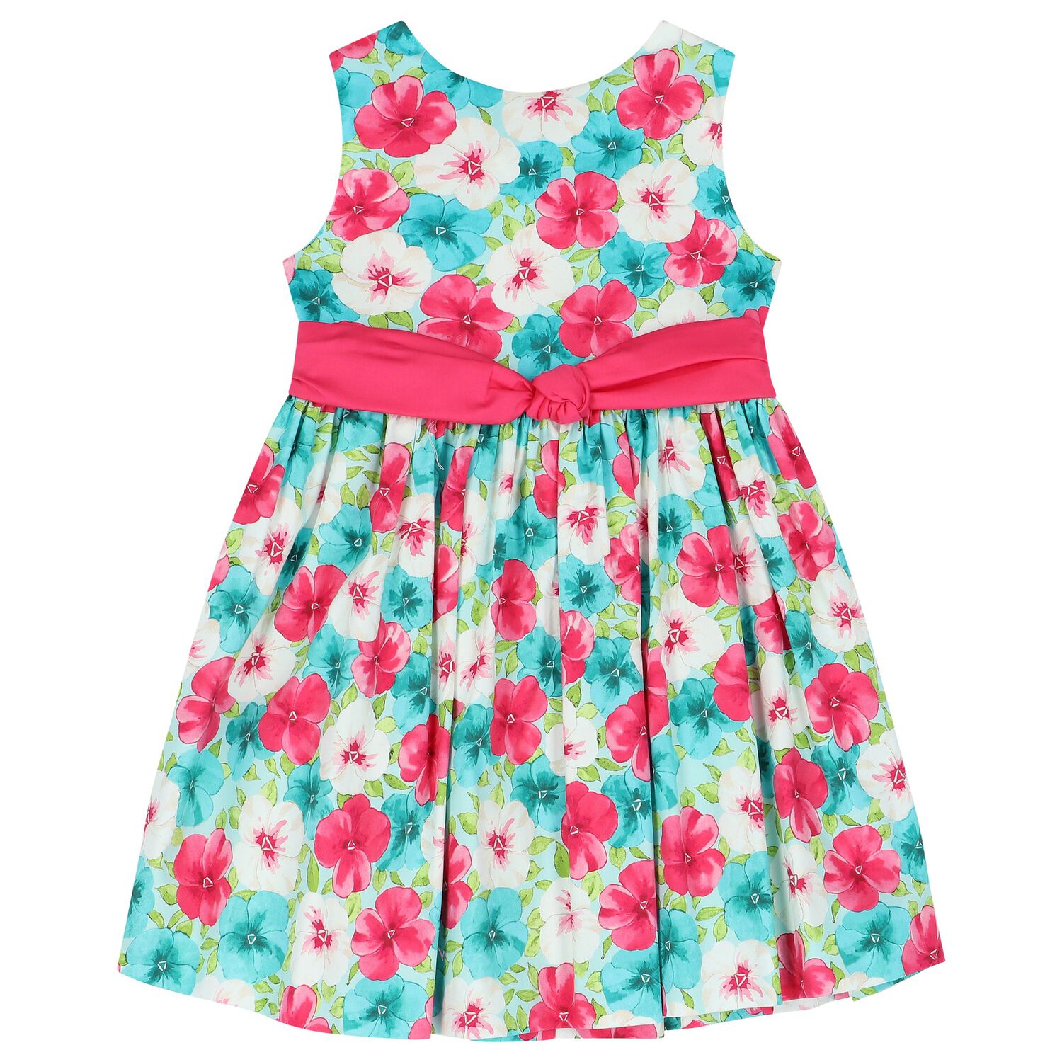 Girls Blue, Ivory & Pink Floral Satin Dress, 2, hi-res