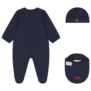 Baby Boys Navy Blue & Gold Babygrow, Hat & Bib Gift Set