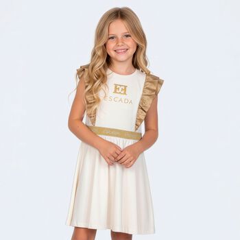 Girls Ivory & Gold Logo Ruffled Dress