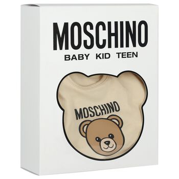 Beige Teddy Bear Logo Hat & Bib Baby Gift Set