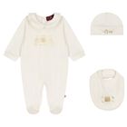 Baby Girls Ivory & Gold Logo Babygrow, Hat & Bib Gift Set, 1, hi-res