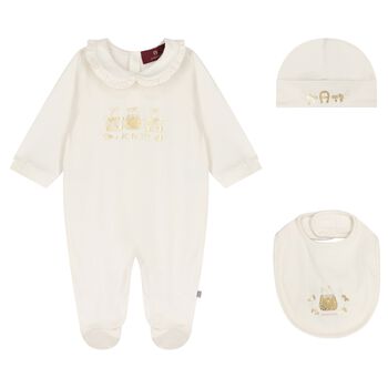 Baby Girls Ivory & Gold Logo Babygrow, Hat & Bib Gift Set