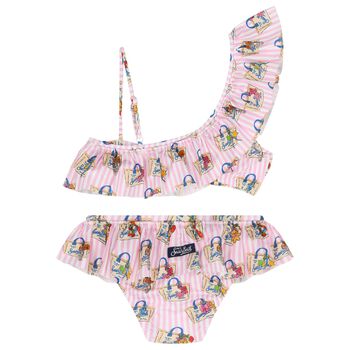 Girls White & Pink Ruffled Striped Bikini