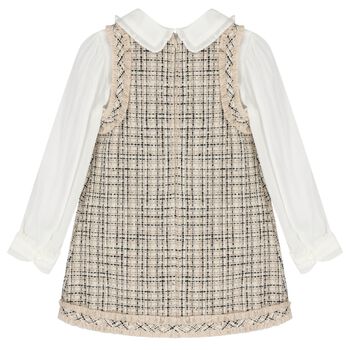 Girls Beige & White Tweed Pinafore Dress