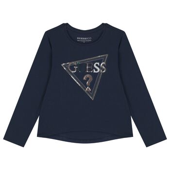 Girls Navy Blue Logo Long Sleeve Top