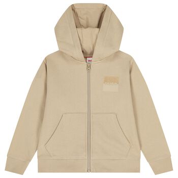 Boys Beige Logo Hooded Zip Up Top