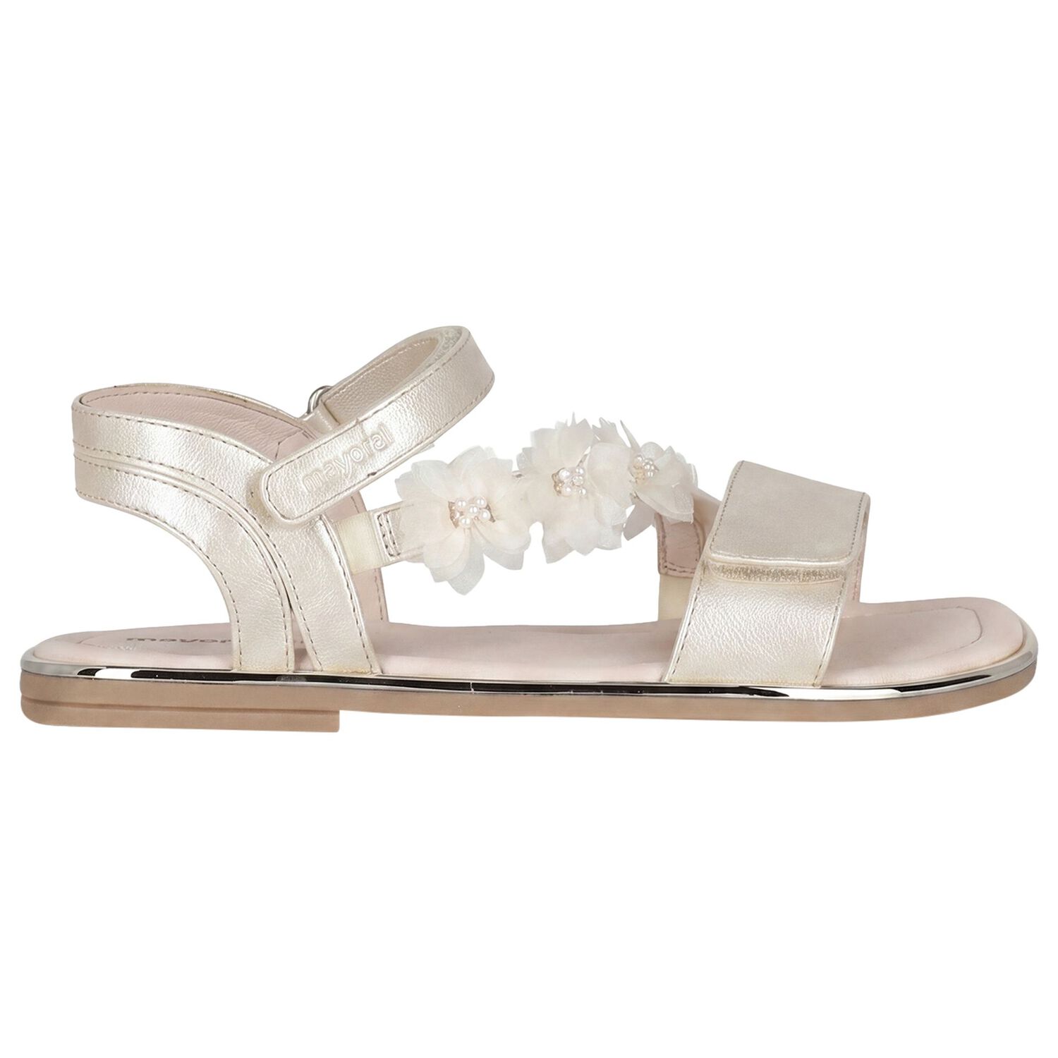 Girls Gold Metallic Floral Sandals, 1, hi-res