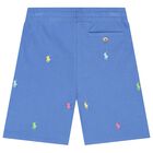 Boys Blue Cotton Pony Logo Shorts, 1, hi-res