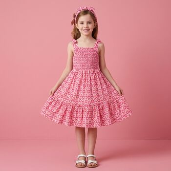 Girls Pink Floral Smocked Dress Set