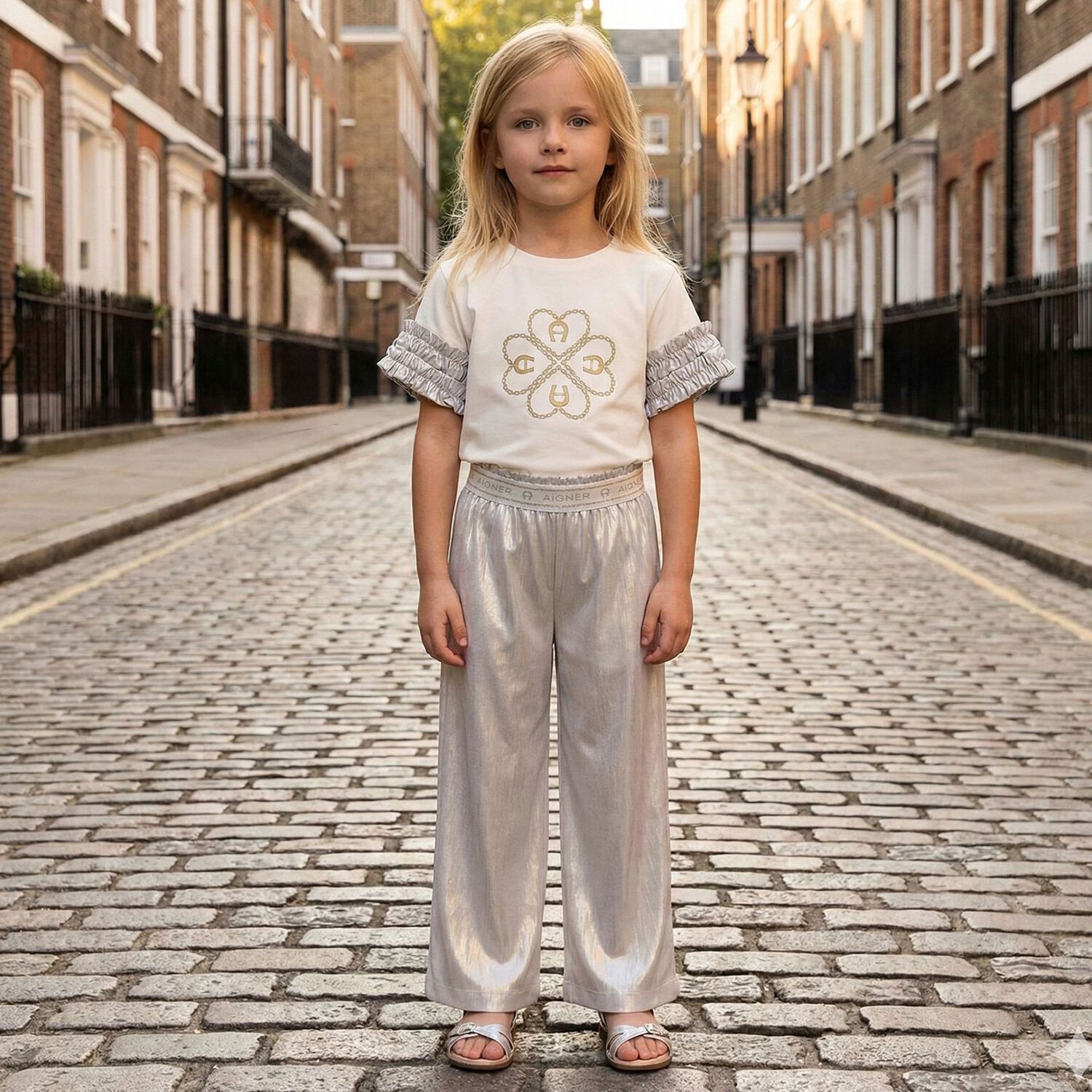 Girls Gold Logo Trousers, 1, hi-res