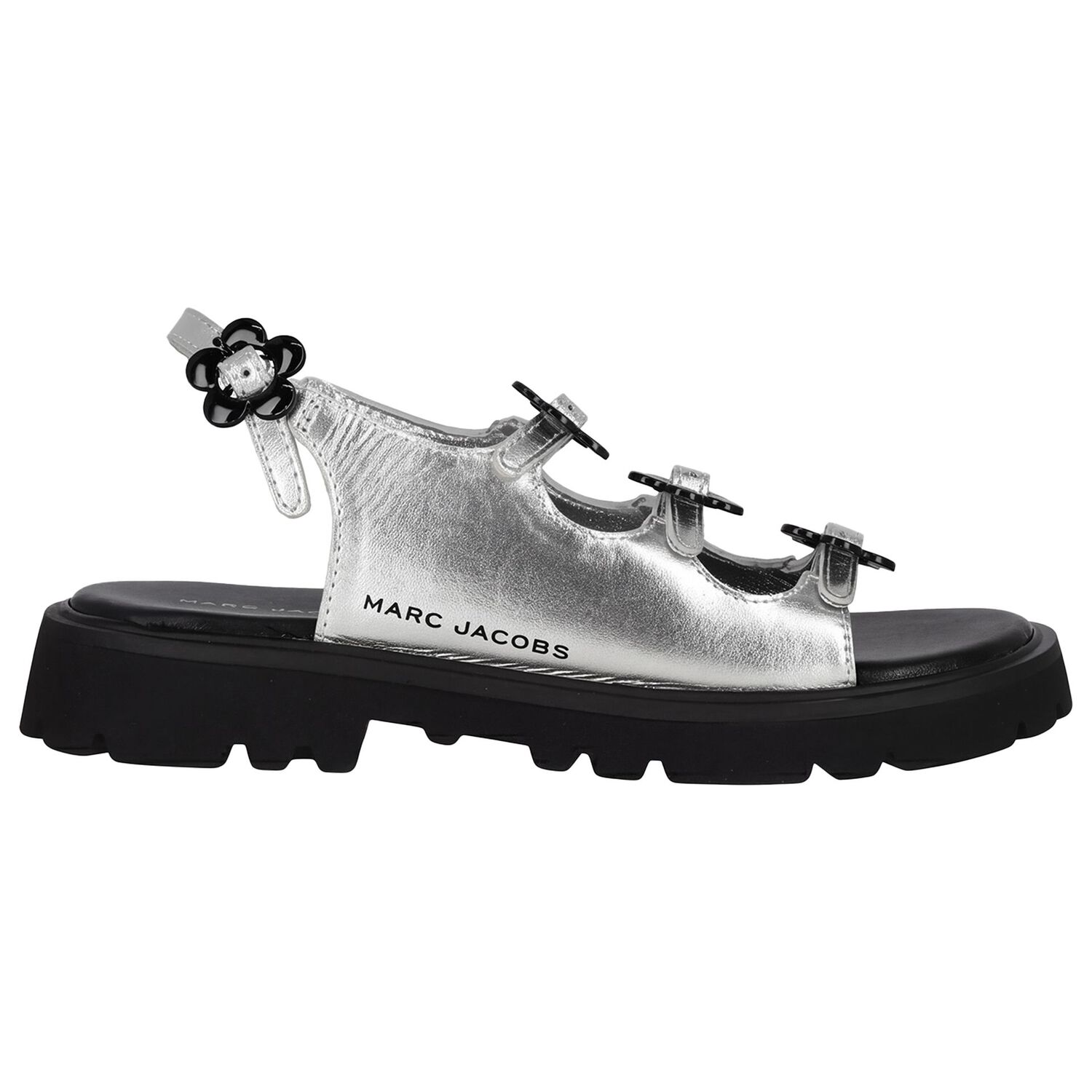 Girls Silver Logo Floral Sandals, 1, hi-res