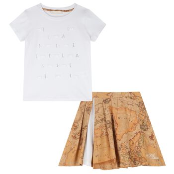 Girls White & Beige Geo Map Skirt Set