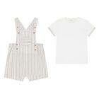 Baby Boys Beige & White Dungaree Set, 1, hi-res